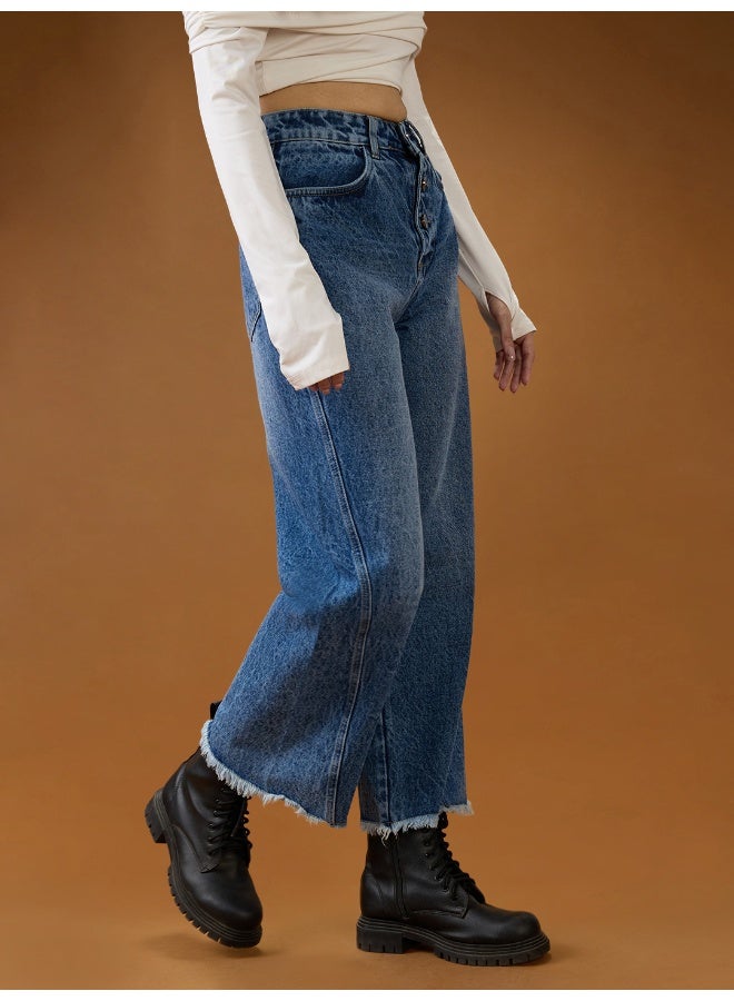 globus Globus Women Mid Blue Cotton High-Rise Light Fade Frayed Hem Wide Leg Denim Jeans  - Image 4