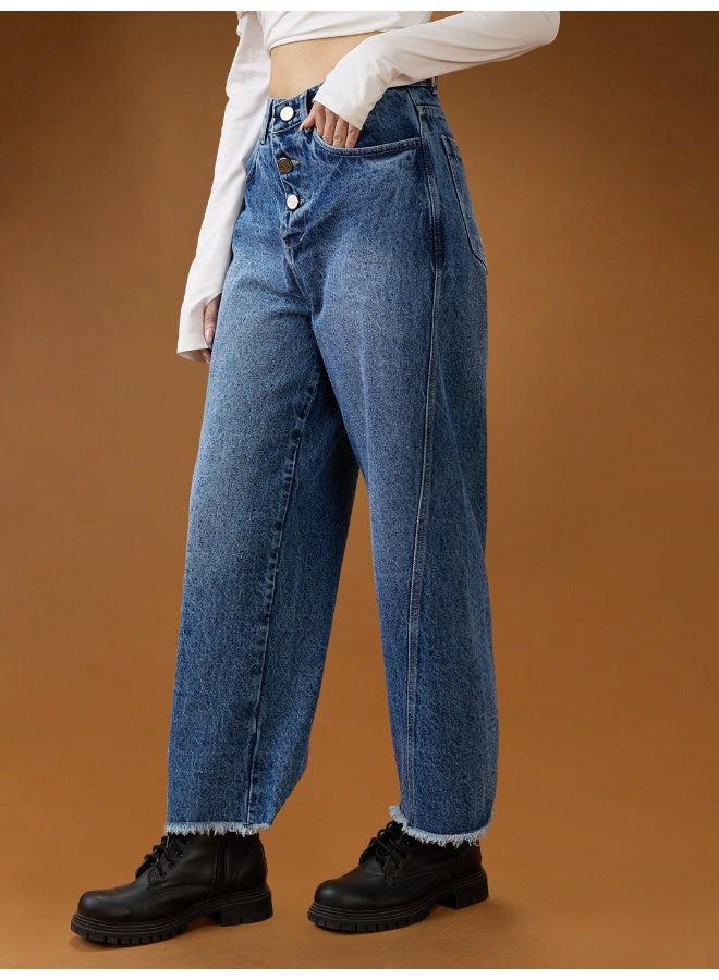 globus Globus Women Mid Blue Cotton High-Rise Light Fade Frayed Hem Wide Leg Denim Jeans  - Image 3