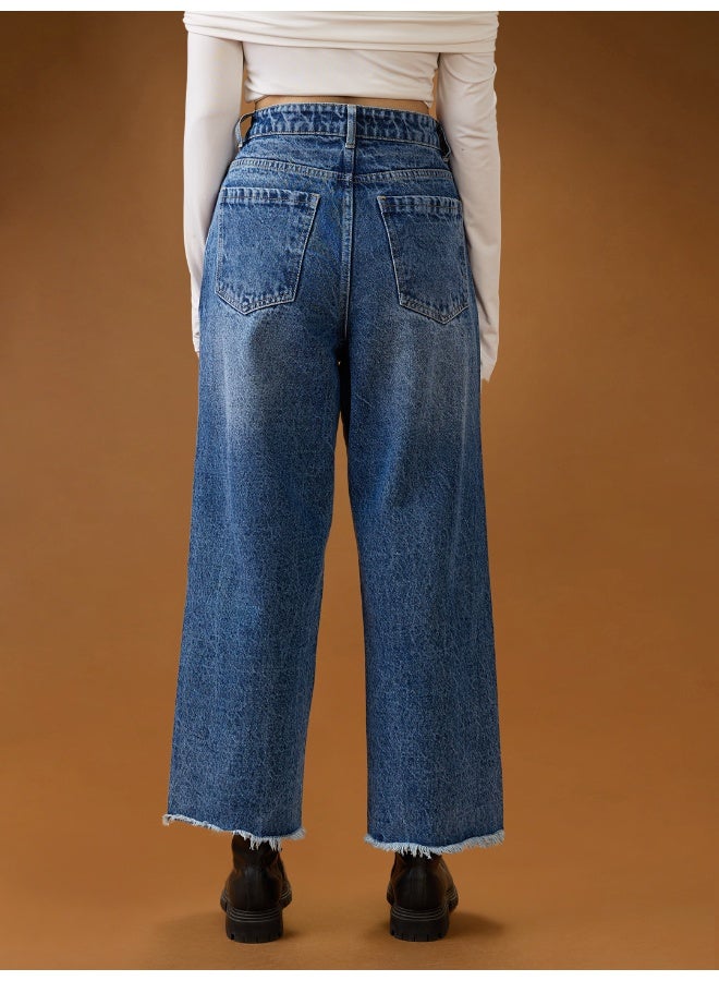 globus Globus Women Mid Blue Cotton High-Rise Light Fade Frayed Hem Wide Leg Denim Jeans  - Image 5