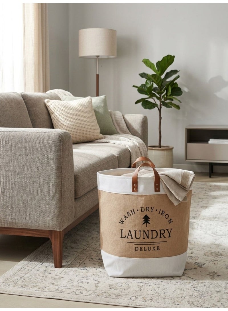 سلة غسيل مودرن قماش كتان بمقبض جلد - لتنظيم الملابس والألعاب - مقاس 45×32×30 سم - بيچ - Image 1