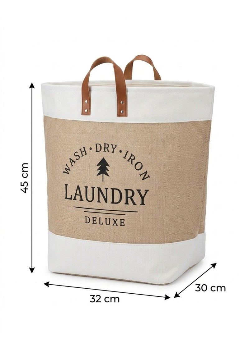 سلة غسيل مودرن قماش كتان بمقبض جلد - لتنظيم الملابس والألعاب - مقاس 45×32×30 سم - بيچ - Image 4
