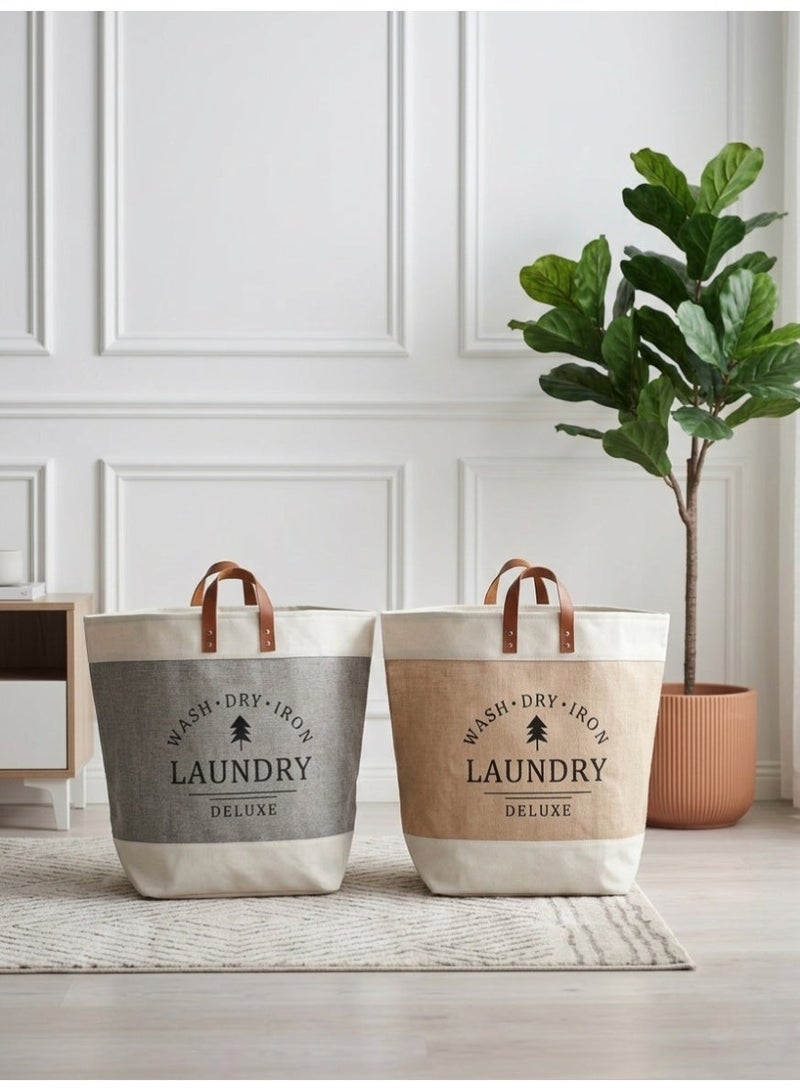 سلة غسيل مودرن قماش كتان بمقبض جلد - لتنظيم الملابس والألعاب - مقاس 45×32×30 سم - بيچ - Image 5