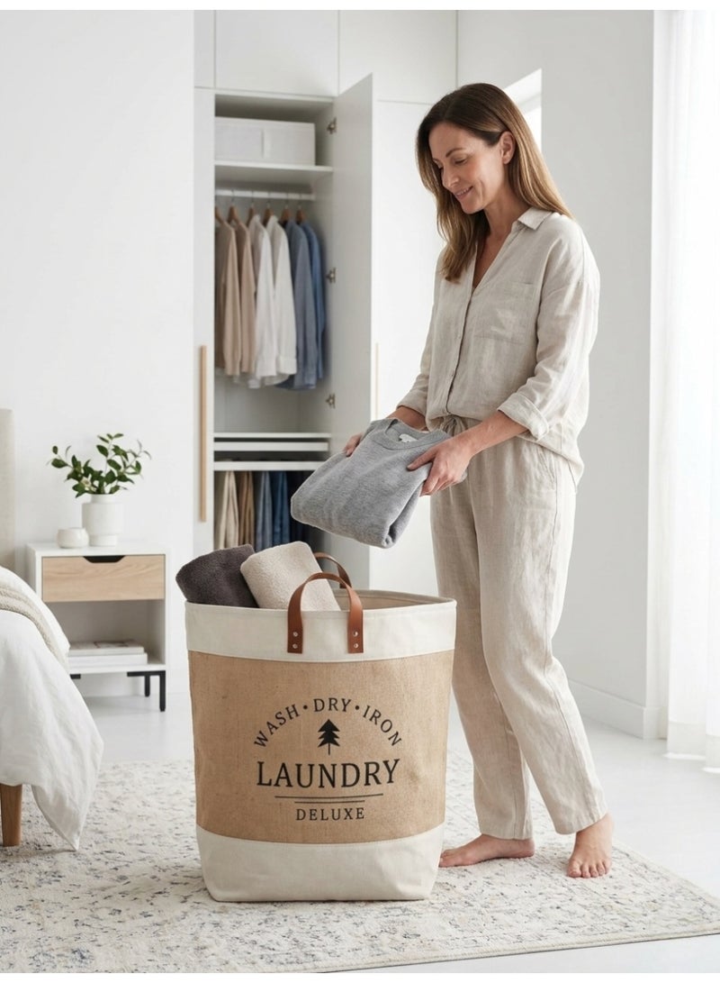 سلة غسيل مودرن قماش كتان بمقبض جلد - لتنظيم الملابس والألعاب - مقاس 45×32×30 سم - بيچ - Image 3