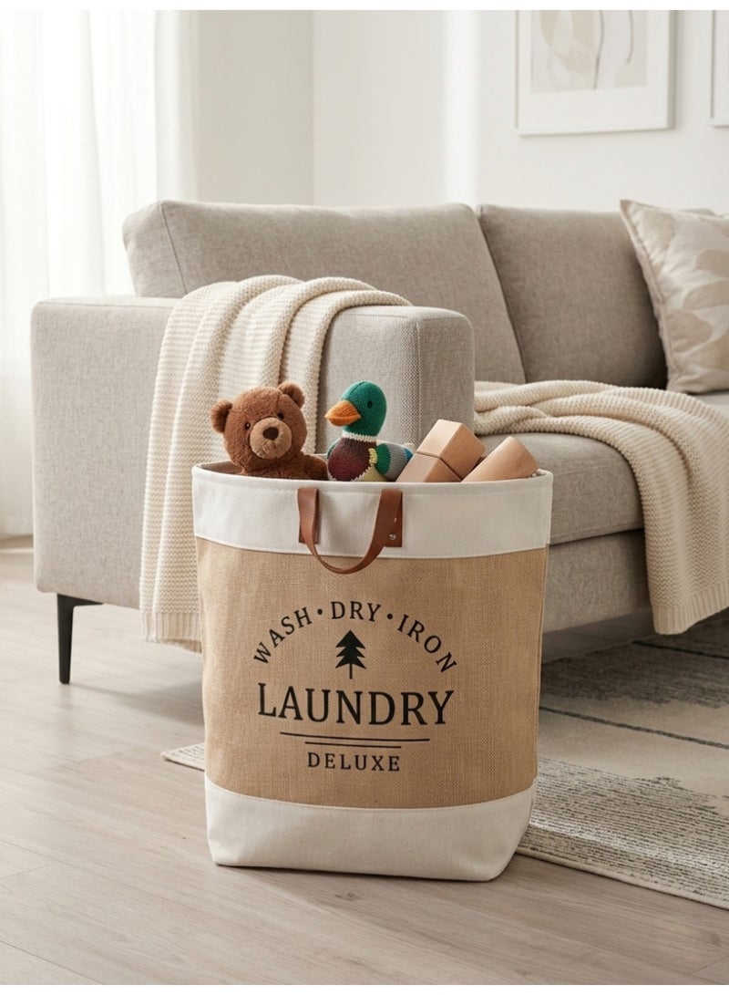 سلة غسيل مودرن قماش كتان بمقبض جلد - لتنظيم الملابس والألعاب - مقاس 45×32×30 سم - بيچ - Image 2