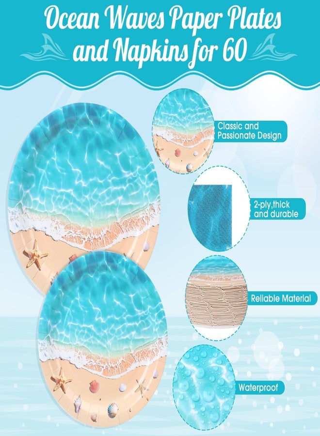 Potchen 180 Pcs Beach Party Plates and Napkins 7'' and 9'' Ocean Waves Theme Decorations Disposable Beach Party Supplies Tableware Set for Coastal Summer Hawaiian Holiday Birthday Serve 60 - Image 5