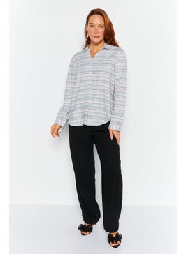 Weatherproof Women Split Neck Long Sleeve Striped Blouse, Grey Combo  - Image 2