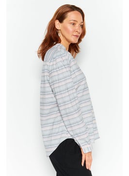 Weatherproof Women Split Neck Long Sleeve Striped Blouse, Grey Combo  - Image 3