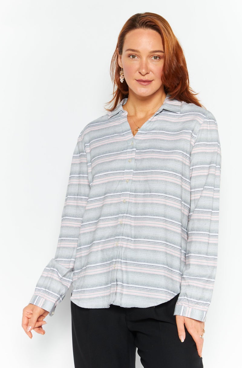 Weatherproof Women Split Neck Long Sleeve Striped Blouse, Multicolor - Image 1