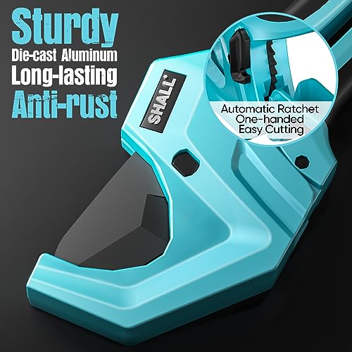 SHALL PVC Pipe Cutter, Cuts up to 2-1/2”, Heavy-Duty Aluminum Ratchet Pipe Cutter Tool for PVC, PPR, PE, PEX, Plastic Hoses & Plumbing Pipes, Fast Pipe Tube Cutters with High Performance SK5 Blade - Image 4