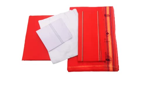 MAMRAJ Pure Cotton Men's 5 - Piece Pandit Dhoti Kurta Set | Unstitched Border Dhoti, unstitched Kurta, angocha, Vest, Hanky. (Red) - Image 5