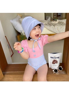 Korean Style Childrens One-Piece Swimsuit with Bubble Sleeves for Princess Vacation Hot Spring Baby Girl Cute Temperate Pink (hat reference white base map)