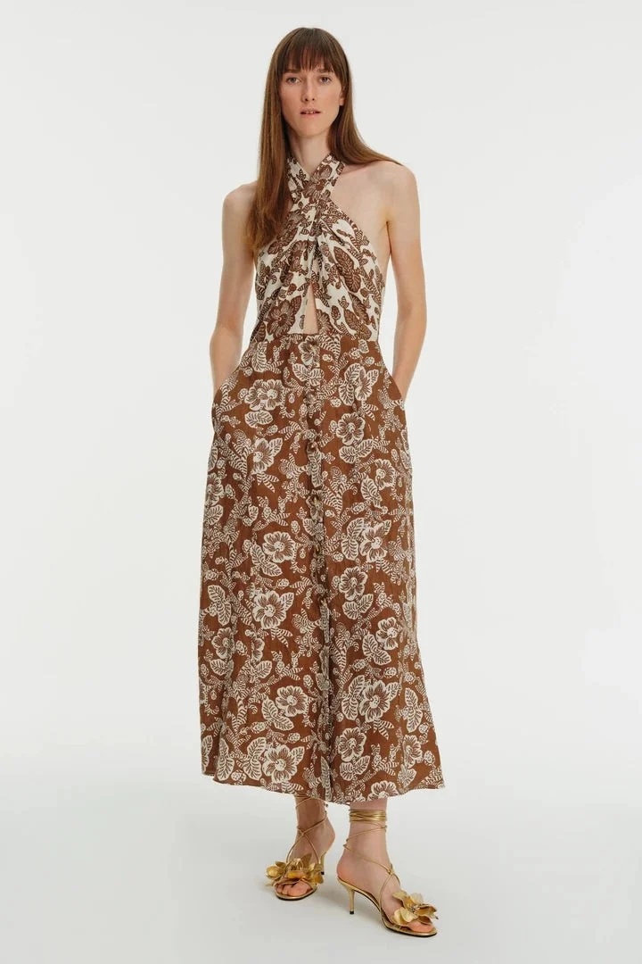 EXQUISE Halter Neckline Floral Patterned Linen Dress