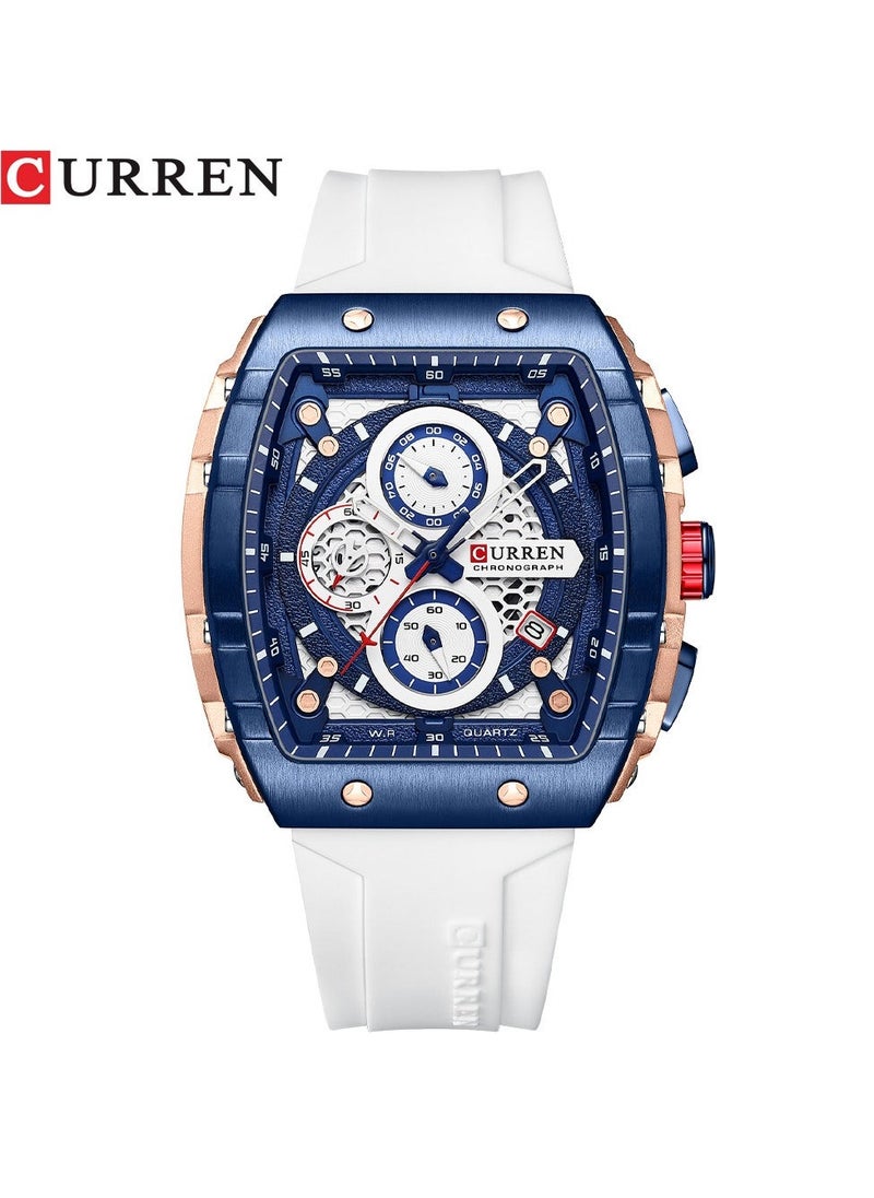 CURREN Men's Waterproof Quartz Watch, Luminous Markers, Silicone Strap, 8442 White - Image 1