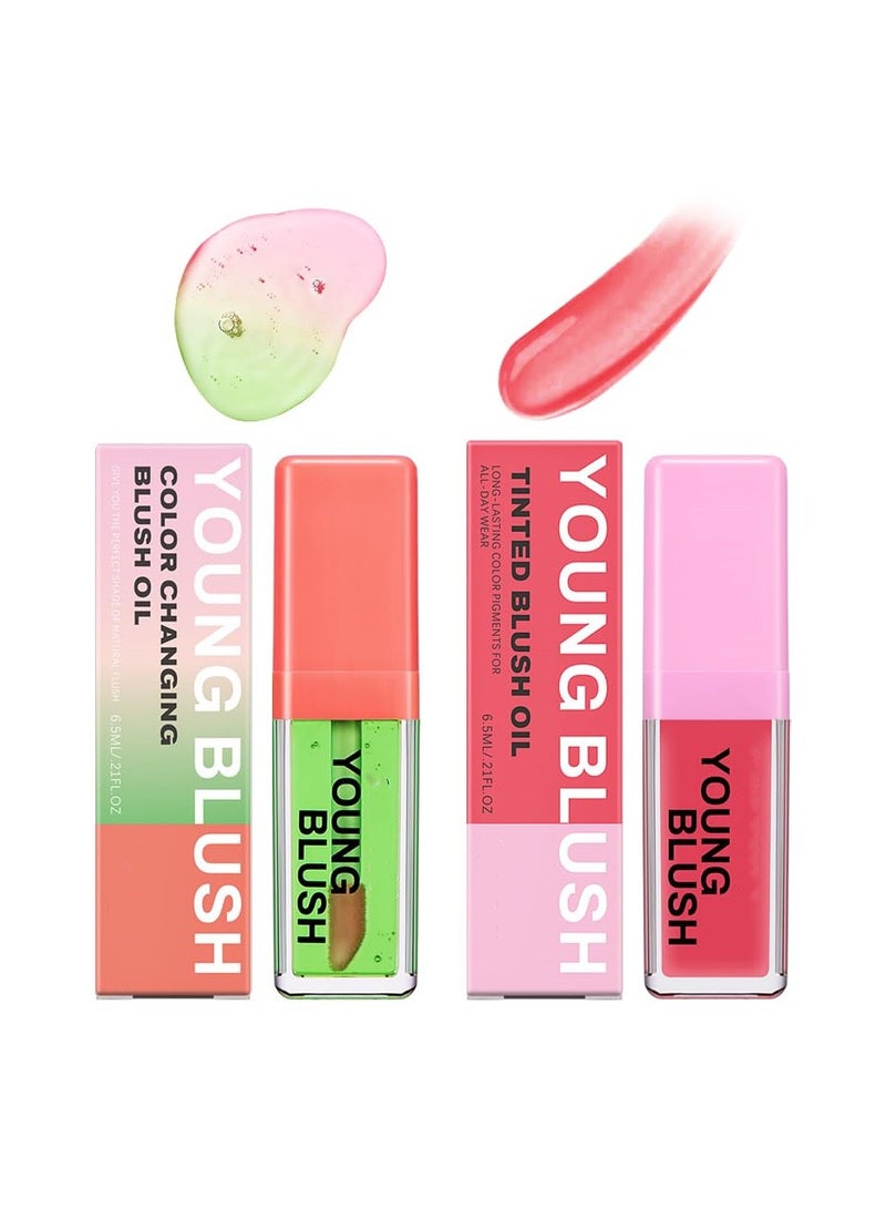 SYOSI 2 Pcs Color Changing Blush Oil, Color Changing Liquid Blush Waterproof and Long-lasting Blush Long Lasting Moisturizing Lightweight Blush Natural Glossy Finish Makeup (Green, Pink) - Image 1