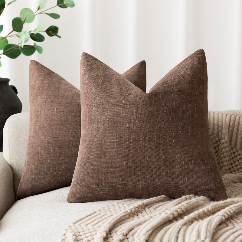 Foindtower Set of 2 Soft Textured Chenille Throw Decorative Pillow Covers Square Accent Solid Cushion Cover Cozy Neutral Farmhouse Pillow Case for Couch Sofa Bedroom Living Room 24x24 Inch, Chocolate - Image 1