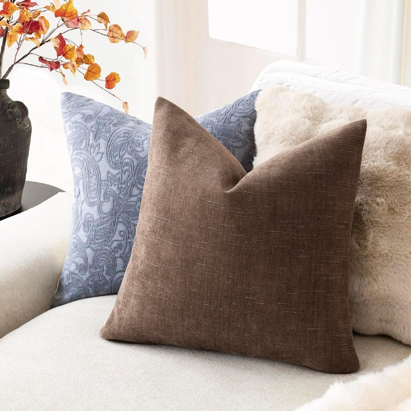 Foindtower Set of 2 Soft Textured Chenille Throw Decorative Pillow Covers Square Accent Solid Cushion Cover Cozy Neutral Farmhouse Pillow Case for Couch Sofa Bedroom Living Room 24x24 Inch, Chocolate - Image 5