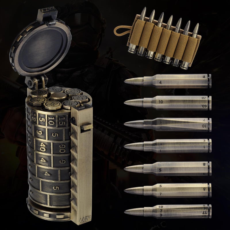 CZYY Rifle Bullet Dice Set - Solid Metal 7 Polyhedral Dice Set with Spinning Container Case & Cartridge Holder Belt - Perfect Role Playing Dice Set for DND, Tabletop Games (Bronze) - Image 1