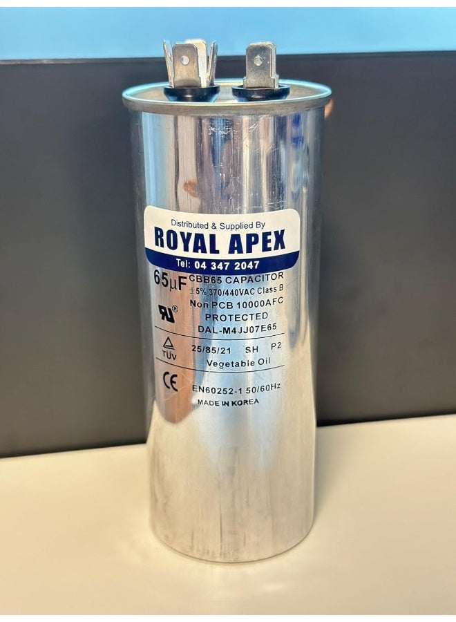 Royal Apex Burst Proof 2 Pin Round Capacitor with Aluminium Housing for AC, Motor Compressor etc | EN60252 CES2 RoHS Standards | Made in India (2 PIN 65MFD (65µF)) - Image 1