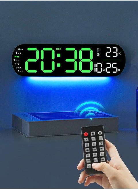 LED Digital Clock, Digital Wall Clock with Remote Control, RGB Atmosphere Lights with 8 Adjustable Night Light Colors, Dual Alarms, Temperature for Room