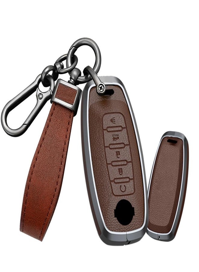 TECART for Nissan 5 Button Metal Key Fob Cover Compatible with Nissan Pathfinder Rogue Leather Key case Shell Cover Brown - Image 1
