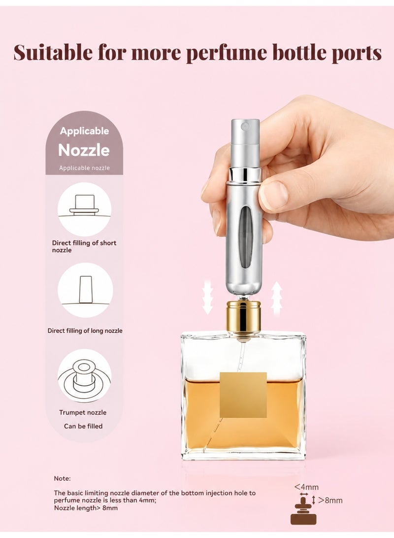 عبوة تعبئة عطر محمولة قابلة لإعادة التعبئة سعة 5 مل باللون الفضي مع بخاخ رذاذ للاستخدام في السفر والحقائب للرجال والنساء قطعة واحدة - Image 4