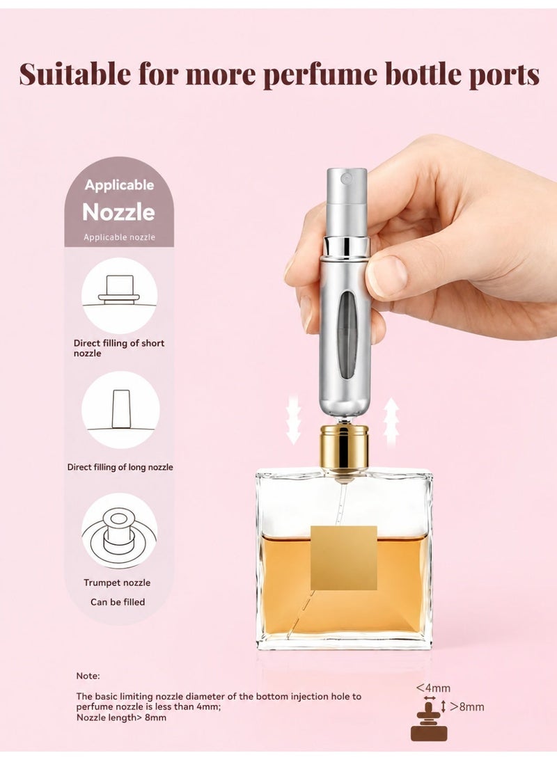 عبوة تعبئة عطر محمولة قابلة لإعادة التعبئة سعة 5 مل باللون الفضي مع بخاخ رذاذ للاستخدام في السفر والحقائب للرجال والنساء قطعة واحدة - Image 5