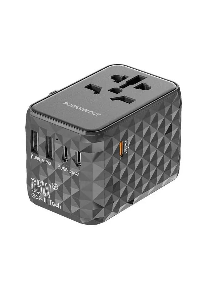 Powerology Universal Travel Adapter Multi-Port 65W, 3X Type-C/2X USB-A Ports, Fast Charging , Quick Charging, Secure to Use, Anti Heating, Latest Technology - Grey - Image 1