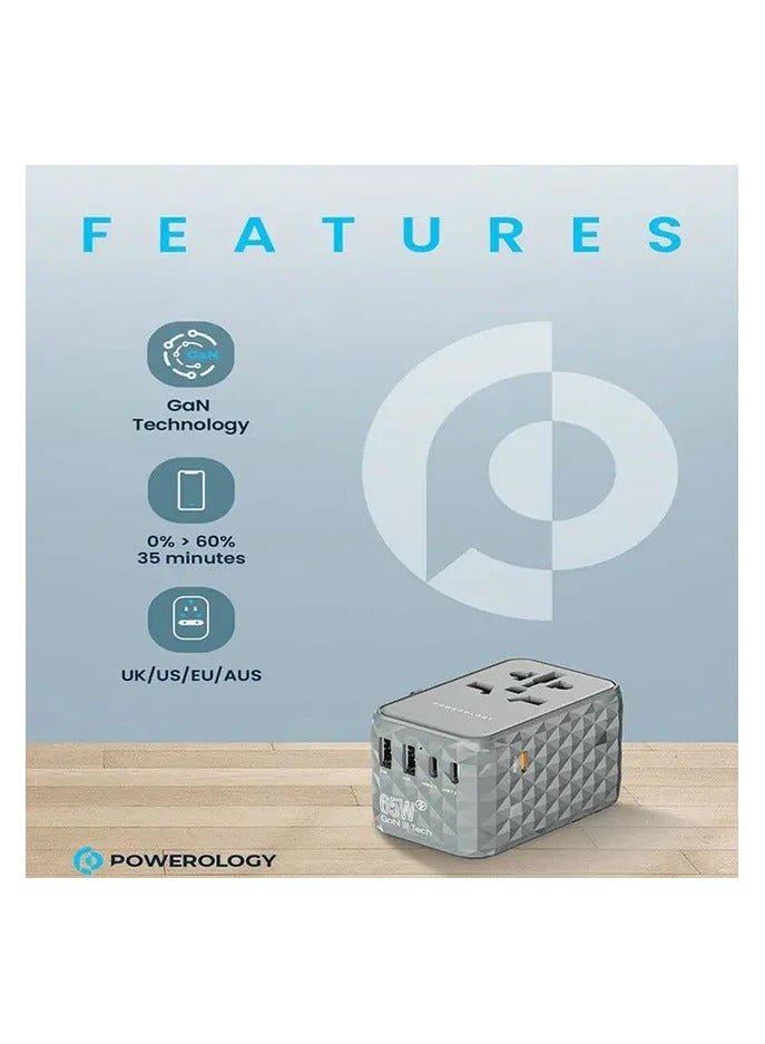 Powerology Universal Travel Adapter Multi-Port 65W, 3X Type-C/2X USB-A Ports, Fast Charging , Quick Charging, Secure to Use, Anti Heating, Latest Technology - Grey - Image 2