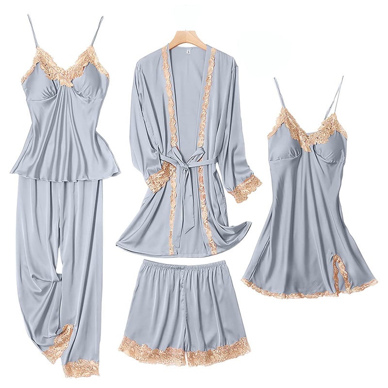 SAPJON Womens Pajama Sets 5PCS Silk Pajamas for women Cute Sleepwear Loungewear Satin Pajamas Sets for Women Soft Grey - Image 1