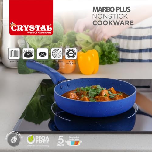 Crystal Marbo Plus Induction Bottom Nonstick Taper Fry Pan | 225 mm | Thickness: 3mm | 5 Layer Coating | Metal Spoon Friendly | Blue - Image 3