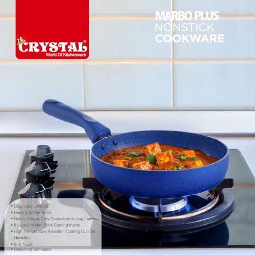 Crystal Marbo Plus Induction Bottom Nonstick Taper Fry Pan | 225 mm | Thickness: 3mm | 5 Layer Coating | Metal Spoon Friendly | Blue - Image 4