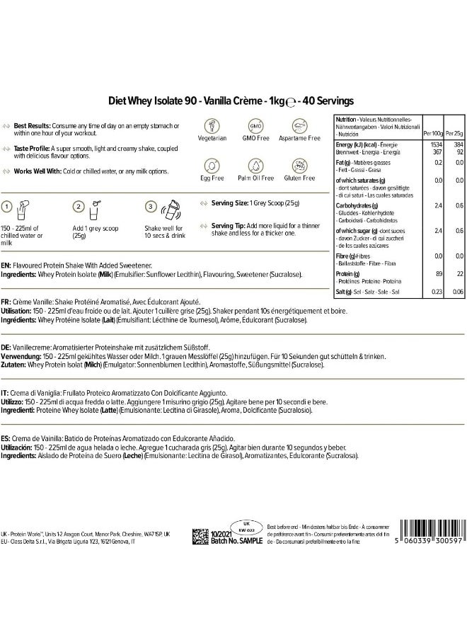 Diet Whey Isolate 90 Whey Isolate Powder Low Calorie Shake 40 Servings Vanilla Creme 1Kg - pzsku/ZA050E207BF3687776EA4Z/45/_/1727245480/7a0fa5e4-5493-4566-866a-00d6cdaa7b75