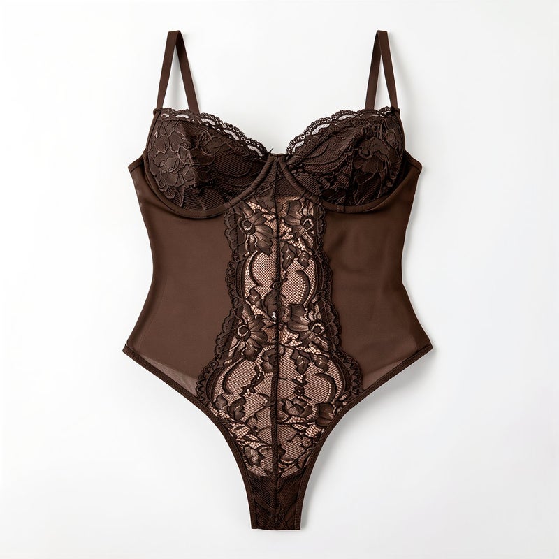 Slim Fit Lace Bodysuit for Women 20s 30s 40s All Age Friendly Lingerie XS Brown - Image 4