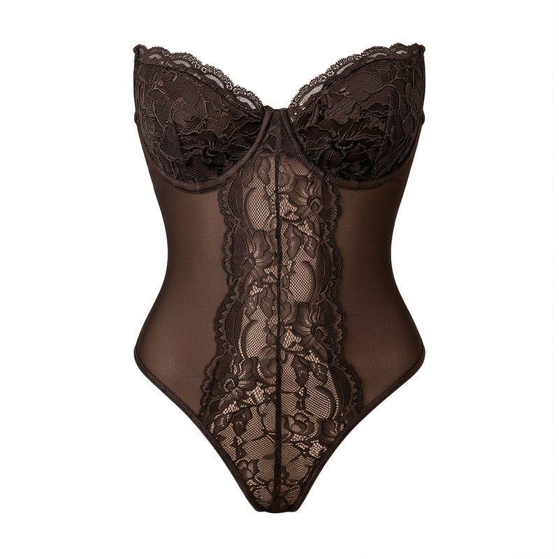 Slim Fit Lace Bodysuit for Women 20s 30s 40s All Age Friendly Lingerie XS Brown - Image 5