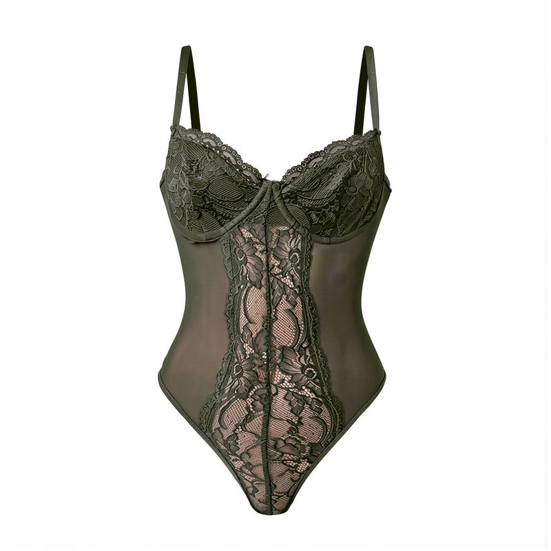 Slim Fit Lace Bodysuit for Women 20s 30s 40s All Age Friendly Lingerie XS Brown - Image 1