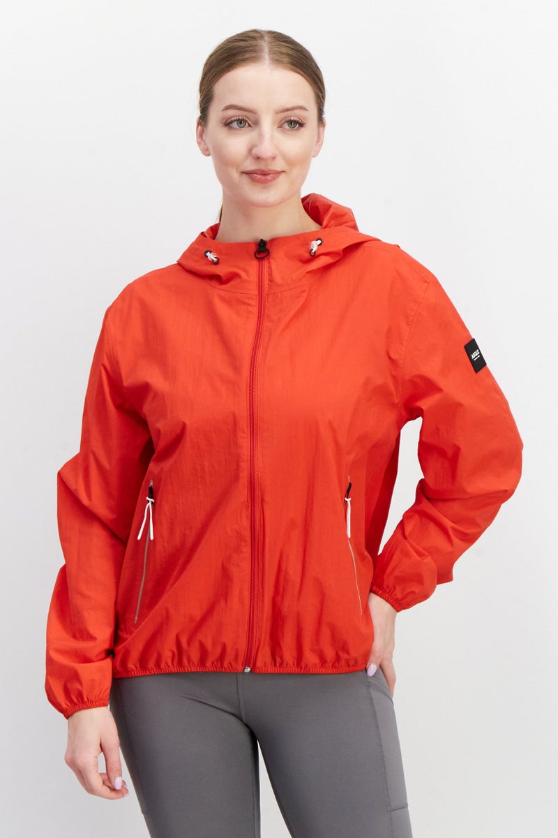Aigle جاكيت واقي من الرياح بغطاء رأس للنساء بشعار العلامة التجارية مع أربطة، أحمر - Image 1