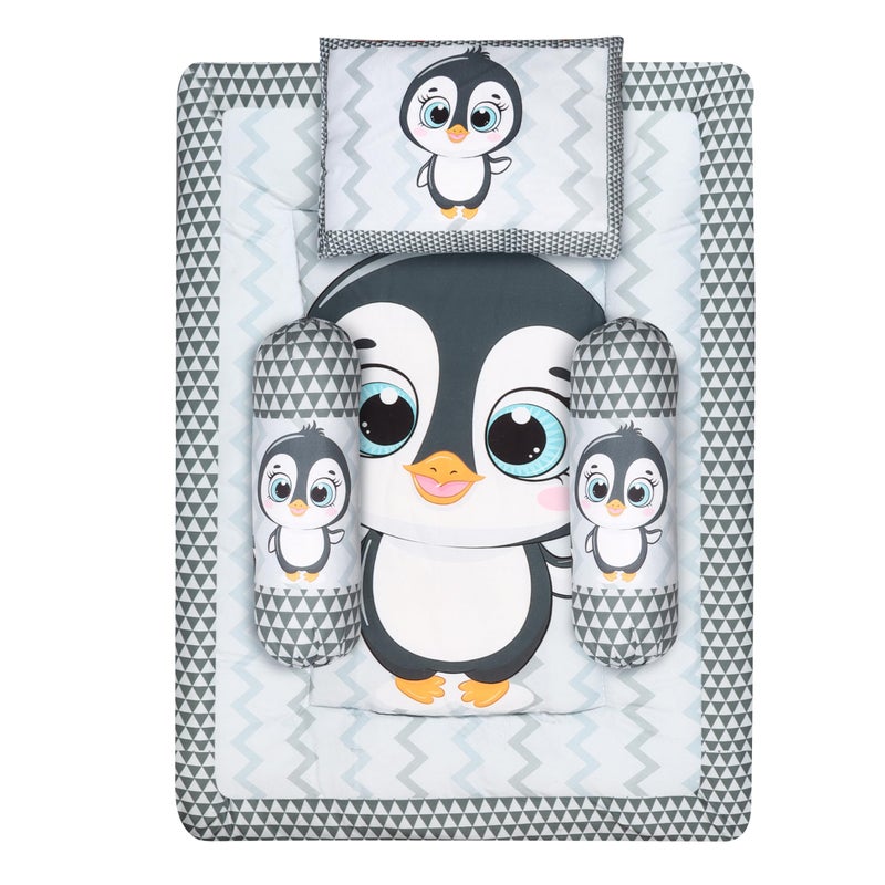 Remixon REMIXON Grey 3 Pillows & Rectangle Shape Penguine Print Cotton Baby Bed for 0-1 Year BB108  - Image 1