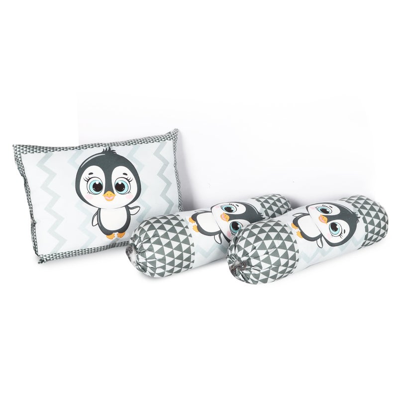 Remixon REMIXON Grey 3 Pillows & Rectangle Shape Penguine Print Cotton Baby Bed for 0-1 Year BB108  - Image 2