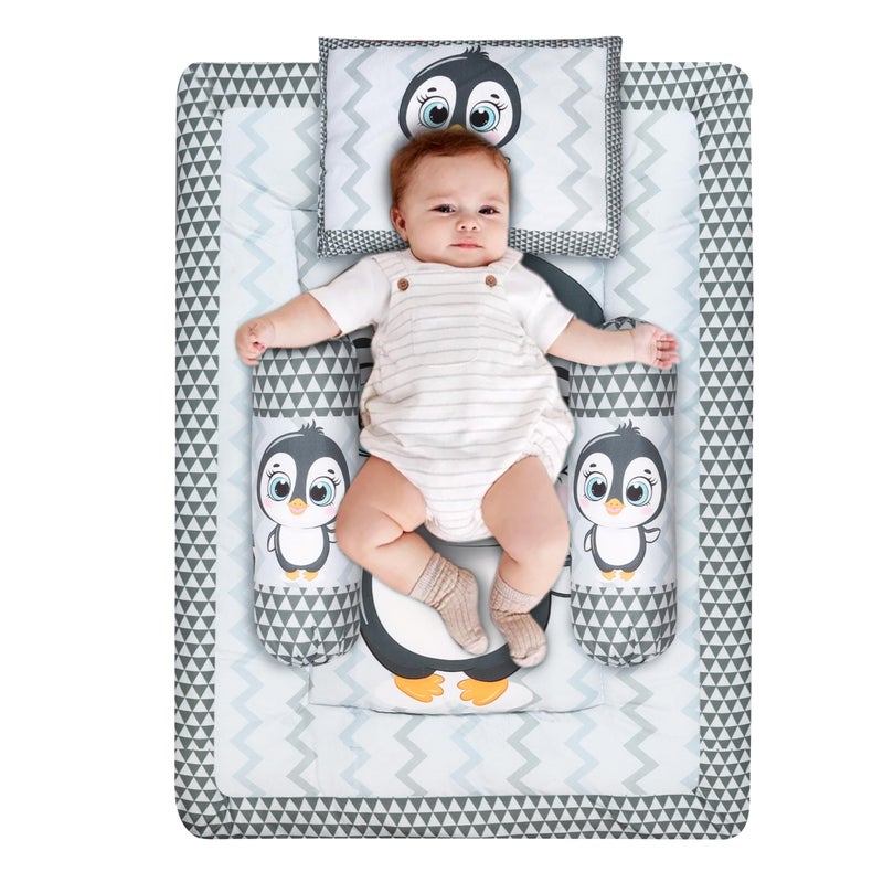 Remixon REMIXON Grey 3 Pillows & Rectangle Shape Penguine Print Cotton Baby Bed for 0-1 Year BB108  - Image 4