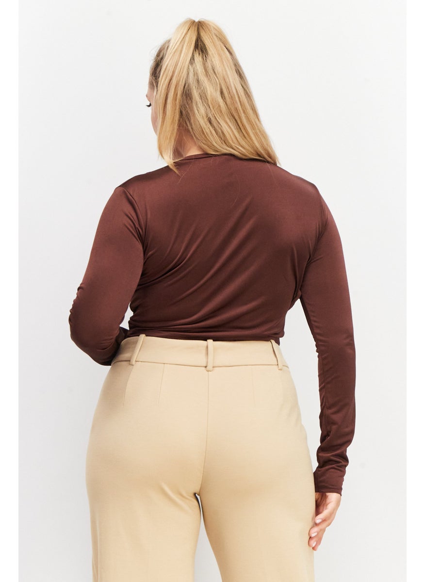As You - Women Crew Neck Long Sleeves Cut Out Top, Chocolate Brown - Image 1