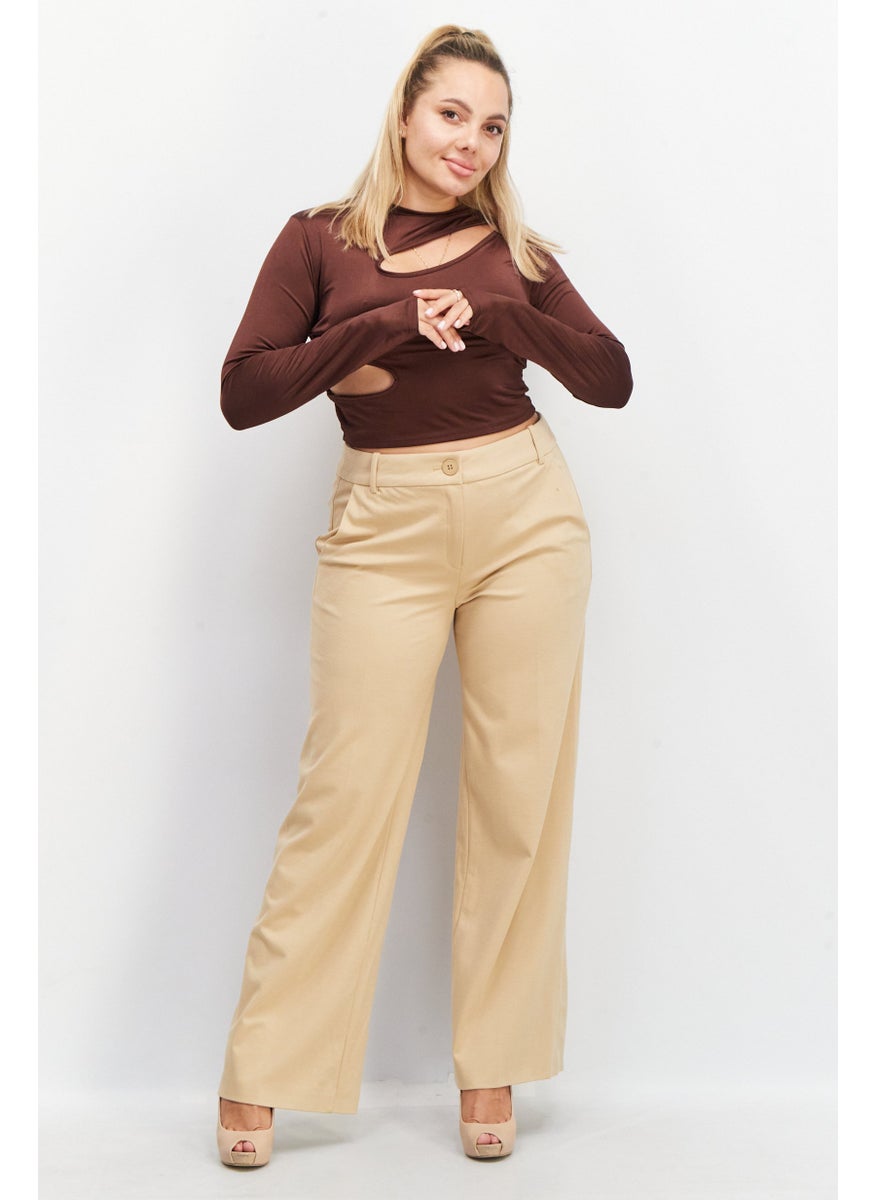 As You - Women Crew Neck Long Sleeves Cut Out Top, Chocolate Brown - Image 1
