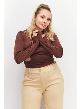 As You Women Crew Neck Long Sleeves Cut Out Top, Chocolate Brown  - Image 1