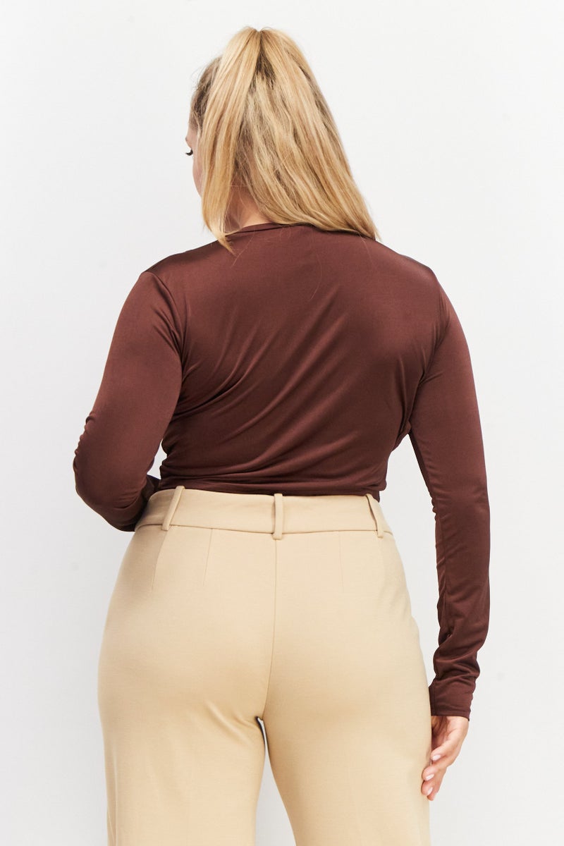 As You Women Crew Neck Long Sleeves Cut Out Top, Chocolate Brown - Image 4