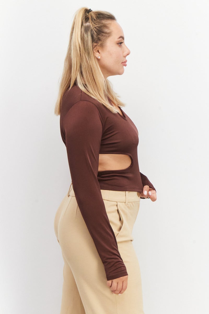 As You Women Crew Neck Long Sleeves Cut Out Top, Chocolate Brown - Image 2
