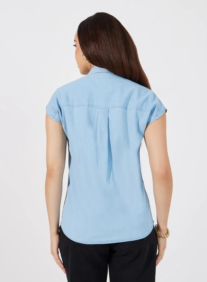 Styli Solid Denim Extended Sleeves Shirt