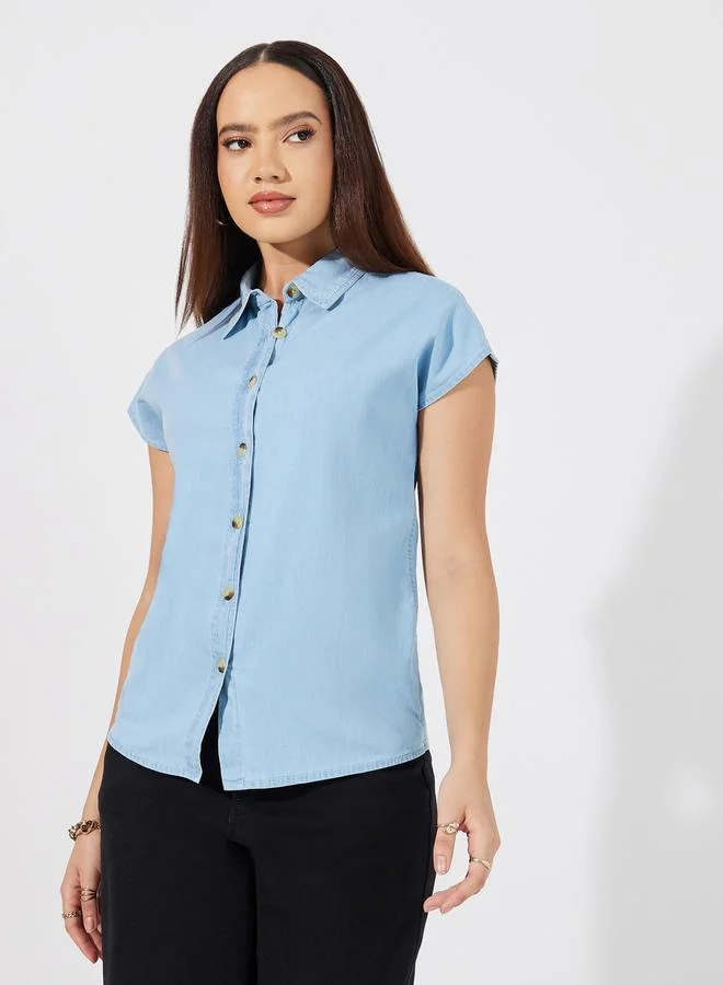 Styli Solid Denim Extended Sleeves Shirt
