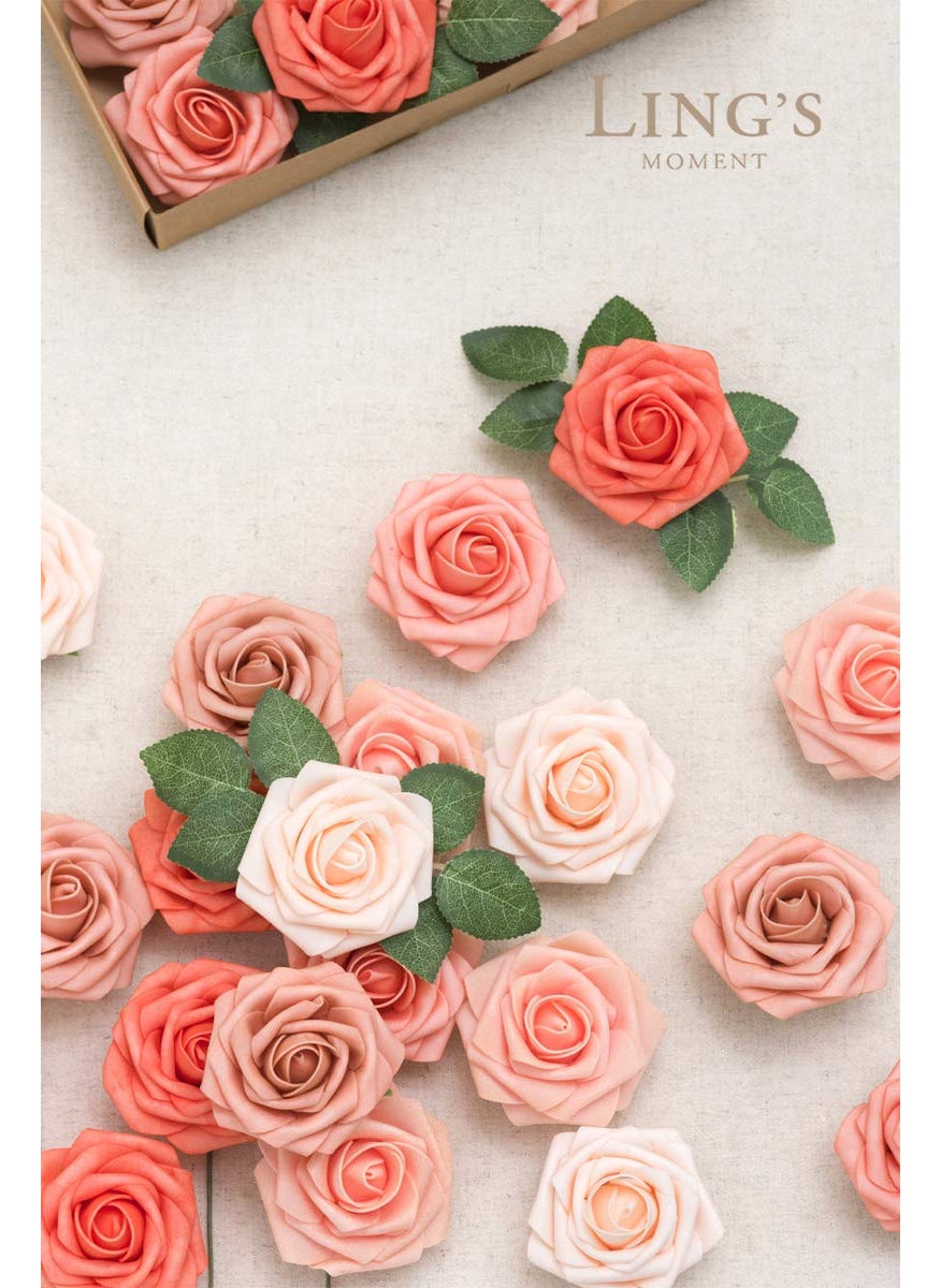 Ling's moment Ling's Moment Artificial Flowers  25Pcs 3"" Roses Peach Coral Shades  Realistic DIY Foam Floral Decor for Wedding Bouquets/Centerpieces  Outdoor Party Backdrops  Room/Table  and Garden/Pot Decorations  - Image 2