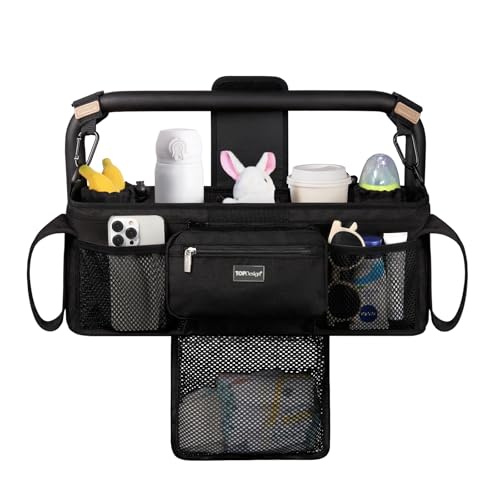 TOPDesign Universal Baby Stroller Organizer Double Stroller Caddy with Detachable Mesh Bag Heightened Insulated Cup Holders NonSlip Secure Hooks Accessories Fits Most Strollers Black - Image 1