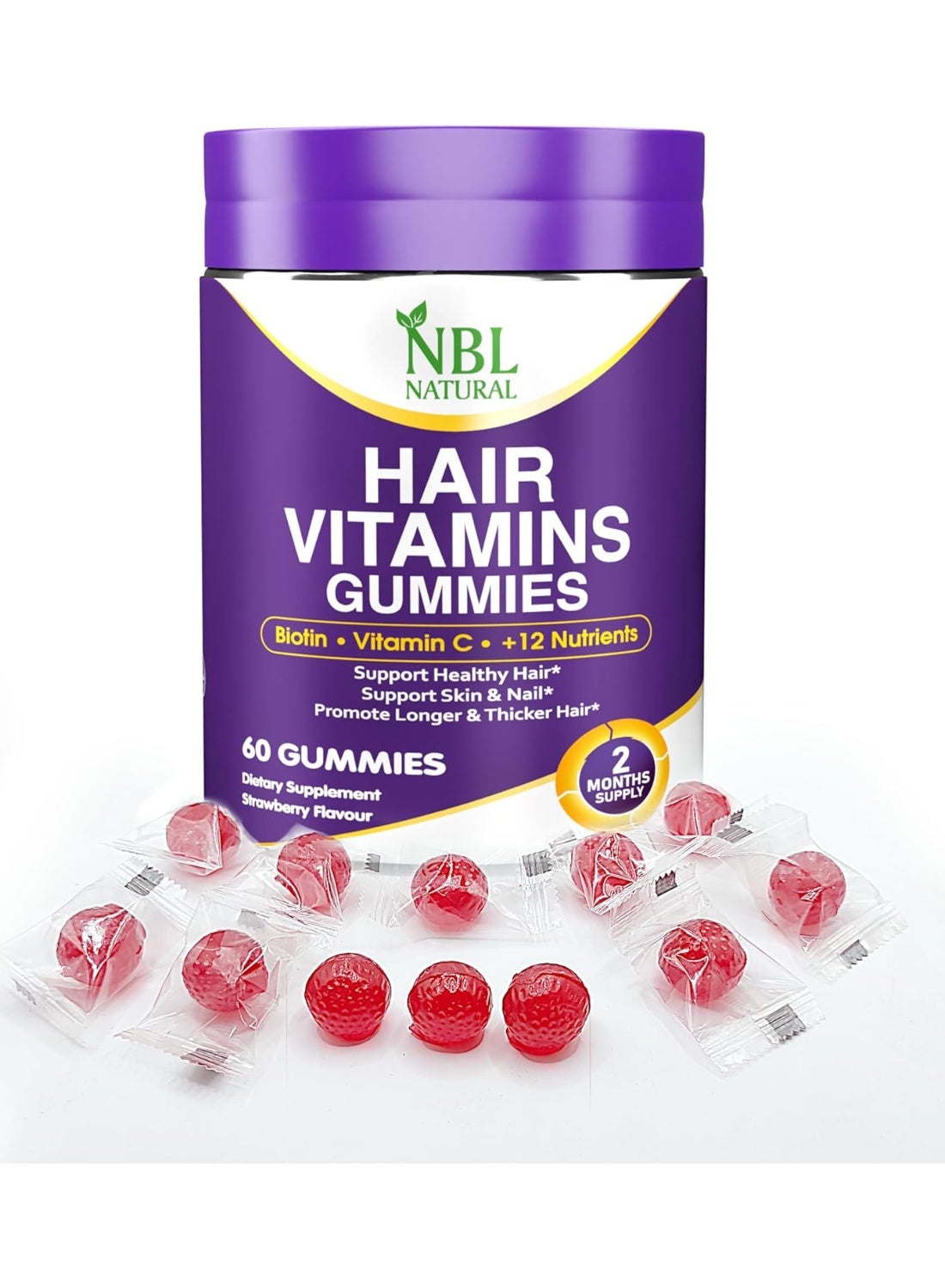 Nbl Natural Hair Vitamins Supplement With Vitamin C Biotin & Folic Acid For Men & Women'S Gummies 60'S