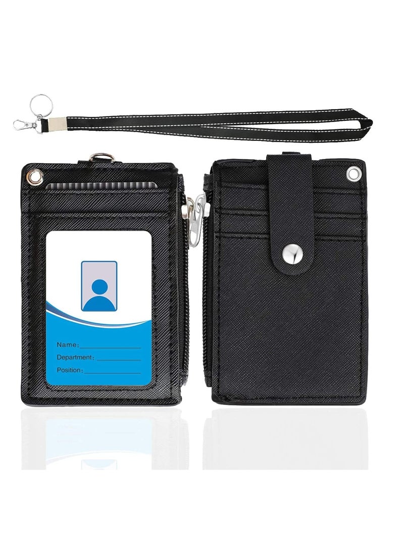 Zikra حامل شارة بسحاب حامل شارة تعريف لطيف محفظة جلدية لحامل بطاقة الائتمان محفظة بسحاب مع حبل، 2 جانبين 5 فتحات بطاقات وسلسلة مفاتيح - Image 1